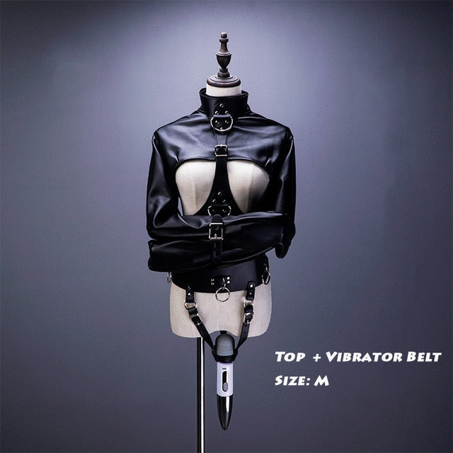 SM open breast cupless leather BDSM bondage jacket top women's restraint straight Fetish Forced Orgasm Belt For Vibrator Set