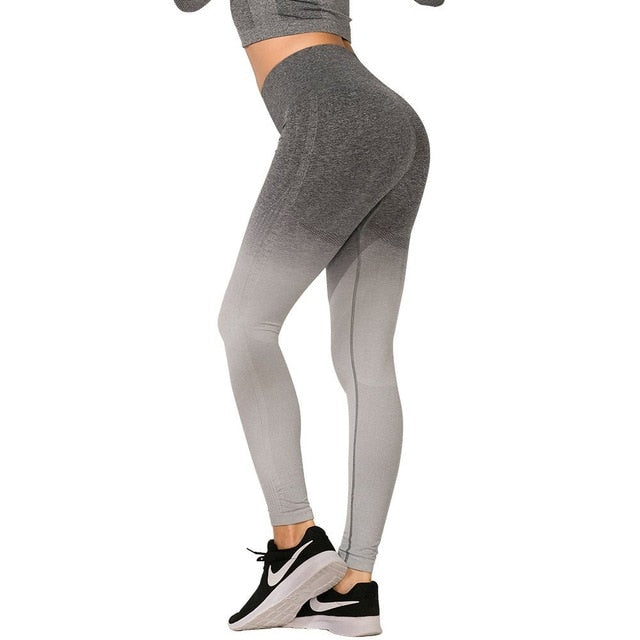 Seamless Gym Clothing High Waist Sport Suit Fitness Yoga Set Workout Clothes 2 Piece Set Women Gradient Leggings+Long sleeve Top