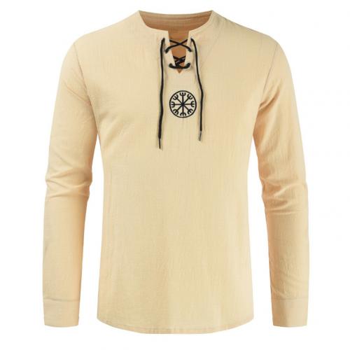 Men Plus Size Shirt Top Ancient Viking Embroidery Lace Up V Neck Long Sleeve Shirt Top For Men's Clothing