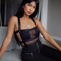 Nibber women's Sexy Backless see-through Bodysuit 2019 spring New Hollow Out Black jumpsuit ladys Floral Shoulder Strap Bodysuit