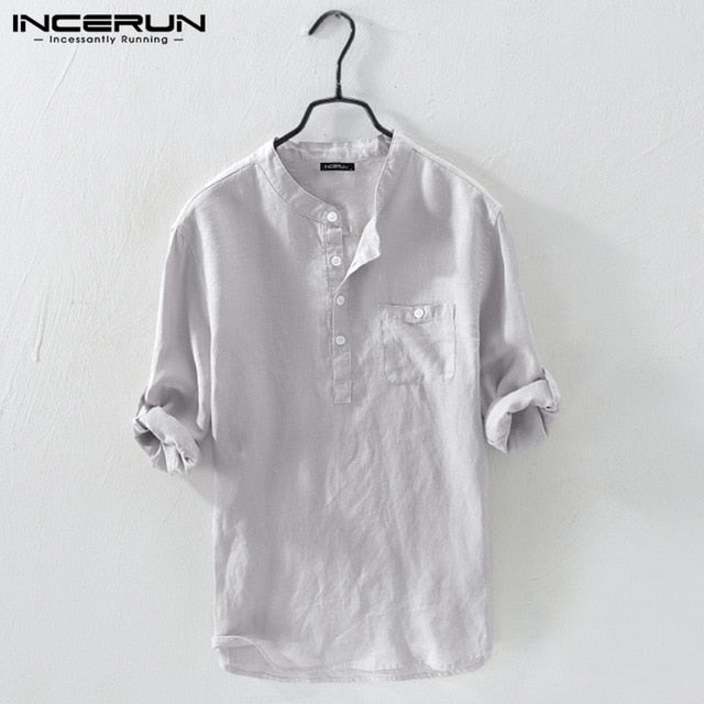 INCERUN Men Shirt Cotton 3/4 Sleeve Stand Collar Harajuku Tops Solid Color Vintage Brand Shirts 2021 Streetwear Camisa Masculina