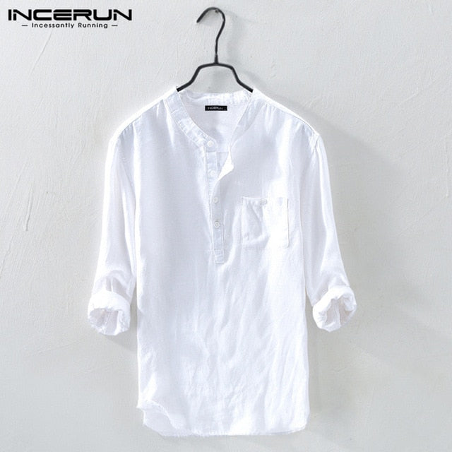 INCERUN Men Shirt Cotton 3/4 Sleeve Stand Collar Harajuku Tops Solid Color Vintage Brand Shirts 2021 Streetwear Camisa Masculina