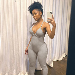 BOOFEENAA Comfy Grey Ribbed Knit One Piece Jumpsuit Women Summer 2020 Sexy Deep V Neck Backless Bodycon Romper C87-CZ20