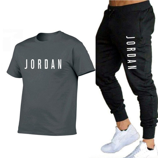 Summer new fashion trend men's suit personalized fashion printing sports short-sleeved T-shirt + sports casual trousers suit
