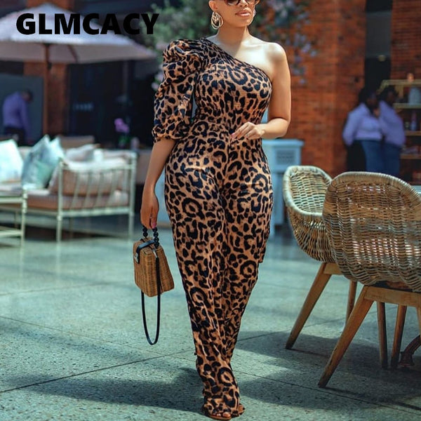 Women Sexy One Shoulder Long Jumpsuits Classy Regular Overalls Elegant Office Ladies Workwear Leopard Jumpsuit