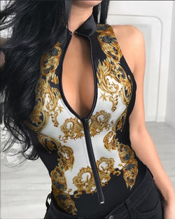 New Summer Women Zipper Front Solid Sleeveless Rompers Bodysuit Plunge Sleeveless Sexy Slim Solid Playsuit