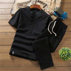 (Shirt + trousers) New Arrival Summer Style Men Cotton and Linen Shirts High Quality Fashion Casual Solid Men's Cropped Pants