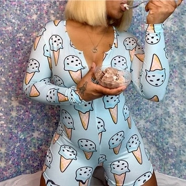 2020 Hot Sale Women Sexy Stretchy Pajamas Long Sleeve V-Neck Pineapple Star Heart Printed Bodycon Summer Lady Jumpsuit Romper