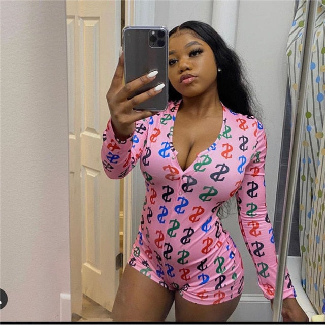 2020 Hot Sale Women Sexy Stretchy Pajamas Long Sleeve V-Neck Pineapple Star Heart Printed Bodycon Summer Lady Jumpsuit Romper