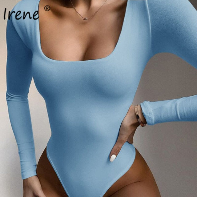 Irene Sexy Bodysuit Women Casual Basic White Black Long Sleeve Body Tops Stretched Bodycon Square Neck Rompers Womens Jumpsuit