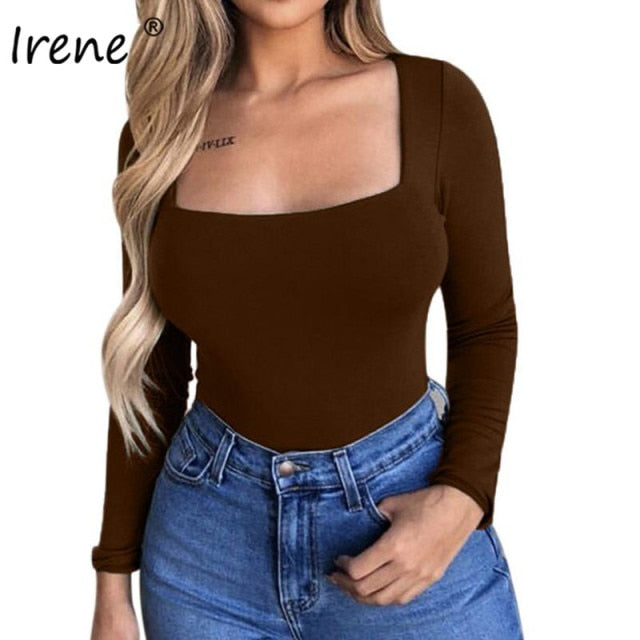 Irene Sexy Bodysuit Women Casual Basic White Black Long Sleeve Body Tops Stretched Bodycon Square Neck Rompers Womens Jumpsuit
