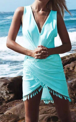 Sexy Bikini Cover Up Women Deep V-neck Beach Dress with Tassel Beachwear Swimwear Solid Tunic Sarong Summer Dress