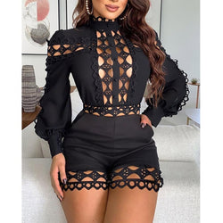 Sexy Hollow Out Playsuits for Women Summer Long Sleeve Skinny Nightclub Overall Fashion Woman Clothing