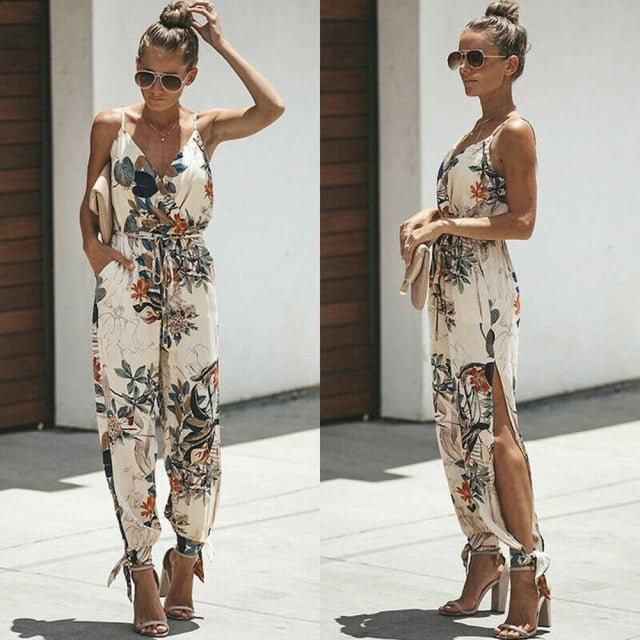 Hirigin 2020 Summer Women Sleeveless Sling Loose Baggy Long Pants Floral Casual Trousers Overalls Pants Solid Romper Jumpsuit