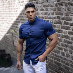 Men Fashion Casual Short Sleeve Solid Shirt Super Slim Fit Male Social Business Dress Shirt Brand Men Fitness Sports Clothing
