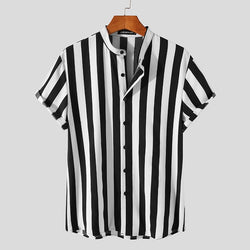 INCERUN Man Stylish Button Blouse Summer Casual Tops Masculina Fashion Striped Men Shirts Short Sleeve Stand Collar Shirt 5XL 7