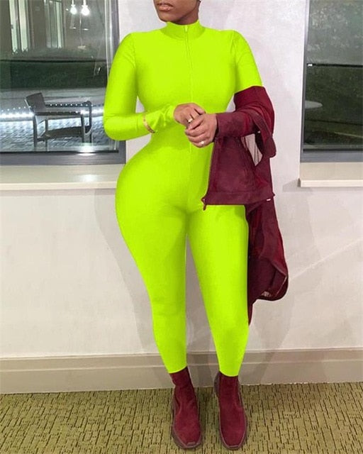 Sexy Solid Color Women Jumpsuit Zipper Open Front Skinny Tight One-piece Romper Long Sleeve Deep V Neck Ladies Jumpsuit S-2XL