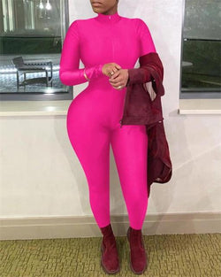 Sexy Solid Color Women Jumpsuit Zipper Open Front Skinny Tight One-piece Romper Long Sleeve Deep V Neck Ladies Jumpsuit S-2XL