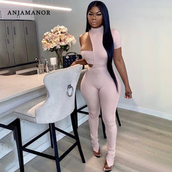ANJAMANOR Sexy Women Jumpsuits and 2 Piece Pant Sets Club Wear Fashion Asymmetric Hollow Out Bodycon Romper Spring 2021 D85-CE31
