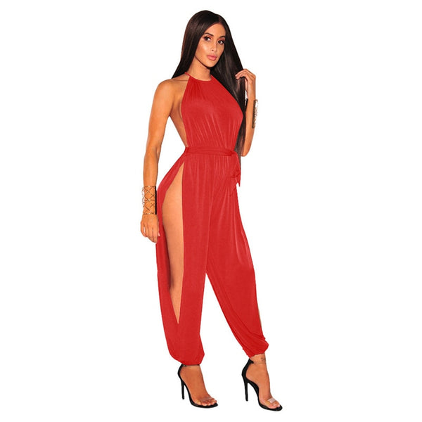 Women Hollow Out Jumpsuit Casual Solid Sleeveless O-Neck Belt Jumpsuit Sexy Lace Up Slim Rompers Jumpsuit