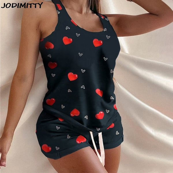 Jodimitty Pyjamas Women Camisole Sleep Wear Women Pajamas Heart Print Nightgown Ruffled Flounce Shorts Lingerie Set Home Clothes