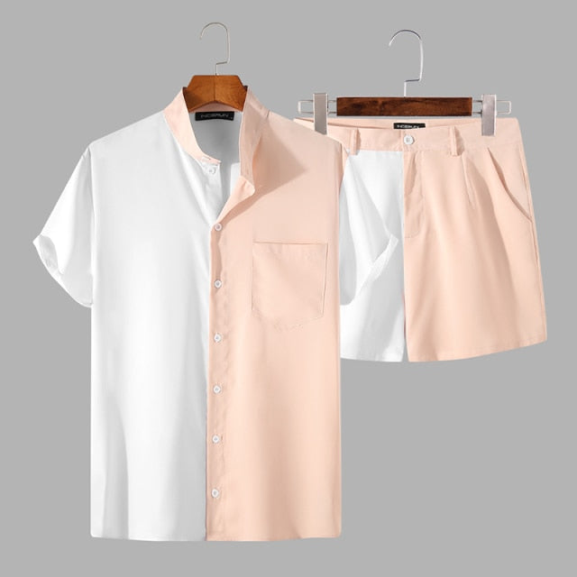 INCERUN 2021 Men Patchwork Sets Streetwear Stand Collar Short Sleeve Shirts Beach Shorts Breathable Men Hawaiian Suit 2 Pieces
