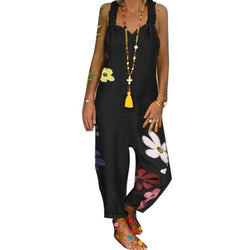 80% HOT SALES！！！Women Sleeveless Bib Overall Backless Floral Print Loose Jumpsuit Dungarees