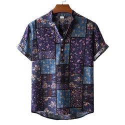 SHUJIN Men Linen Cotton Short Sleeve Shirt Summer Floral Loose Baggy Casual Shirts Tops Holiday Beach Men's Hawaii Shirts