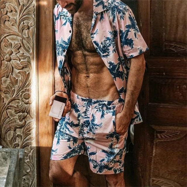 2021 Summer Beach Fashion Leopard Print Two Piece Sets For Men Short Sleeve Shirt And Drawstring Shorts Suits Casual Male Outfit