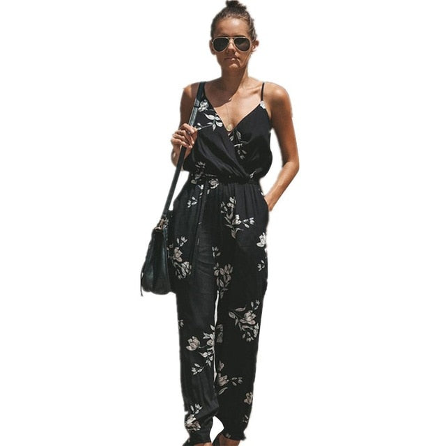 80% HOT SALES！！！Women Summer Sexy Backless Casual Deep-V Floral Print Strappy Jumpsuits Romper