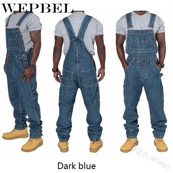 WEPBEL Men's Denim Bib Pants Full Length Jeans Jumpsuits Hip Hop Straight Jeans Overalls for Men Streetwear