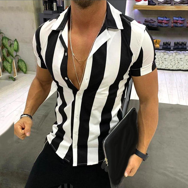 New Casual Business Shirts Men Turn Down Collar Short Sleeve Vertical Stripes Button Slim Shirt Fashion Men's Tops Male Clothing