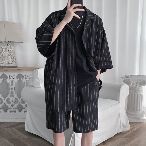2021 Summer Men Set Shirts and Shorts Lightweight Letter Striped Half Sleeve Knee-Length Baggy Short Oversize Suit Clothing Man
