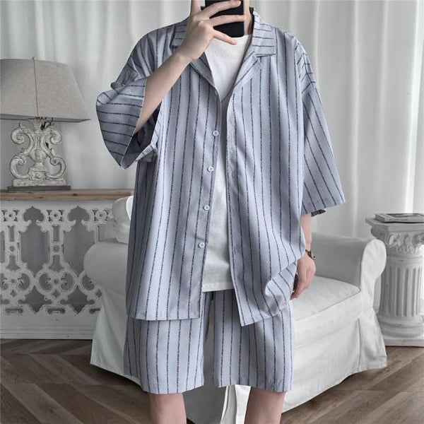 2021 Summer Men Set Shirts and Shorts Lightweight Letter Striped Half Sleeve Knee-Length Baggy Short Oversize Suit Clothing Man