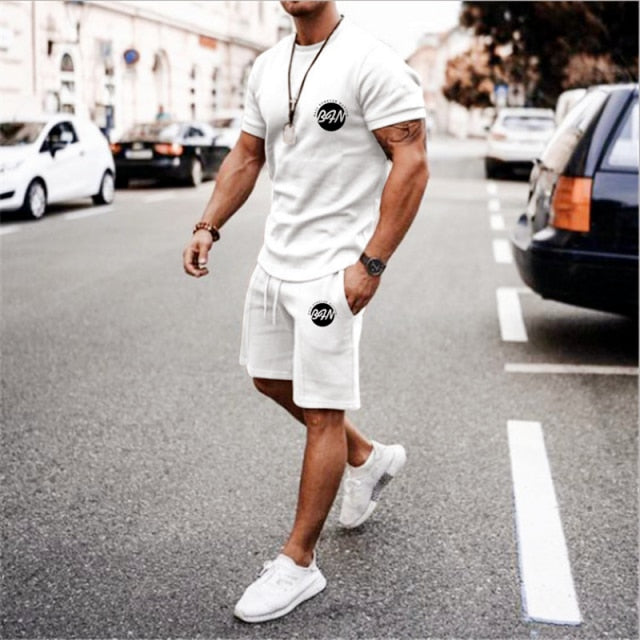 2021 Summer New Men Casual Shorts Sets Short Sleeve T Shirt +Shorts Solid Male Tracksuit Set Men's Brand Clothing 2 Pieces Sets
