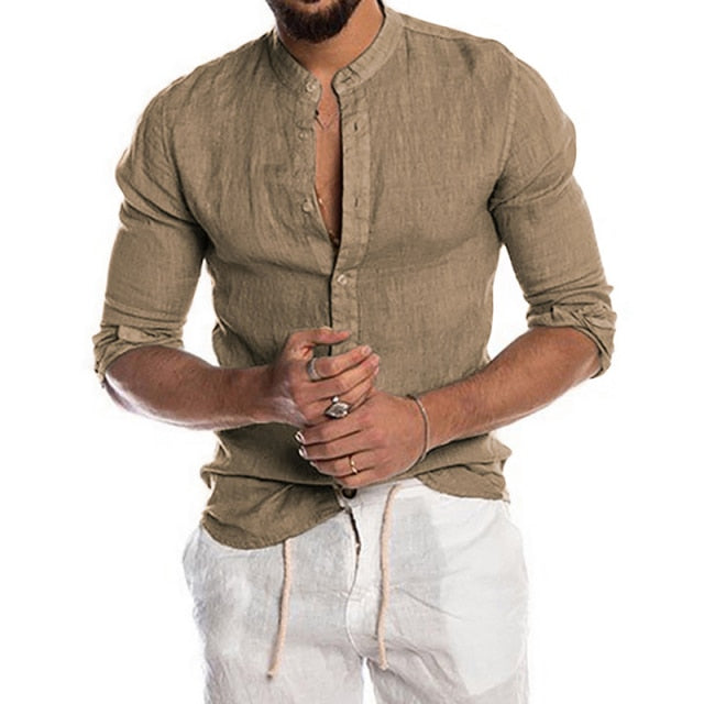 2021 Summer Cotton And Linen Shirt Men Fashion Solid Long Sleeve Tops Shirts Men's Casual Turn-Down Collar Blusa Stretwears