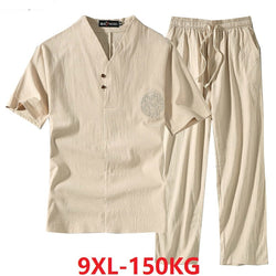 Men's Clothing Large Size Tracksuit Husband 2021 Summer Suit Linen t-shirt Fashion Male Set Chinese Style 8XL 9XL plus Two Piece