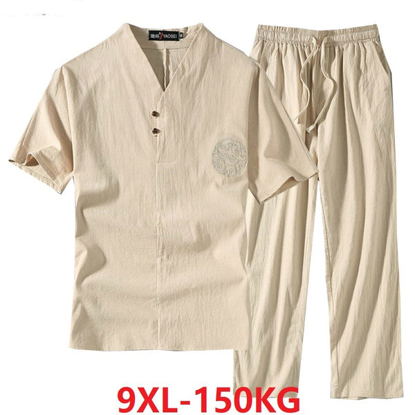 Men's Clothing Large Size Tracksuit Husband 2021 Summer Suit Linen t-shirt Fashion Male Set Chinese Style 8XL 9XL plus Two Piece