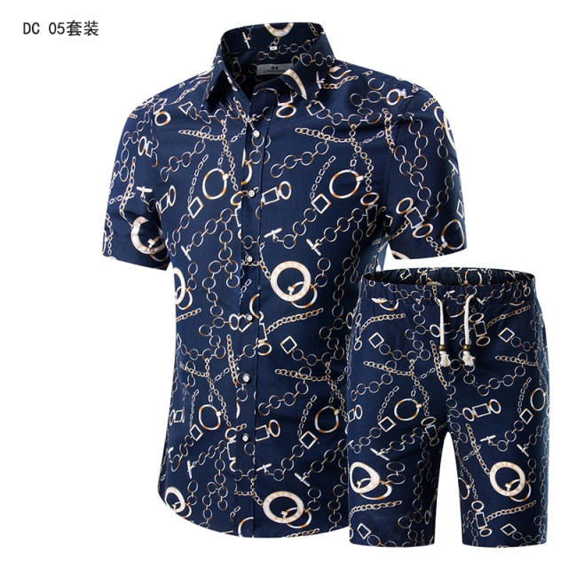 Summer Mens Fashion 2021 Gold Luxury Designer Shirts For Mens Set Fancy Hawaii Beachwear Floral Printed Mens Short Sleeve Club