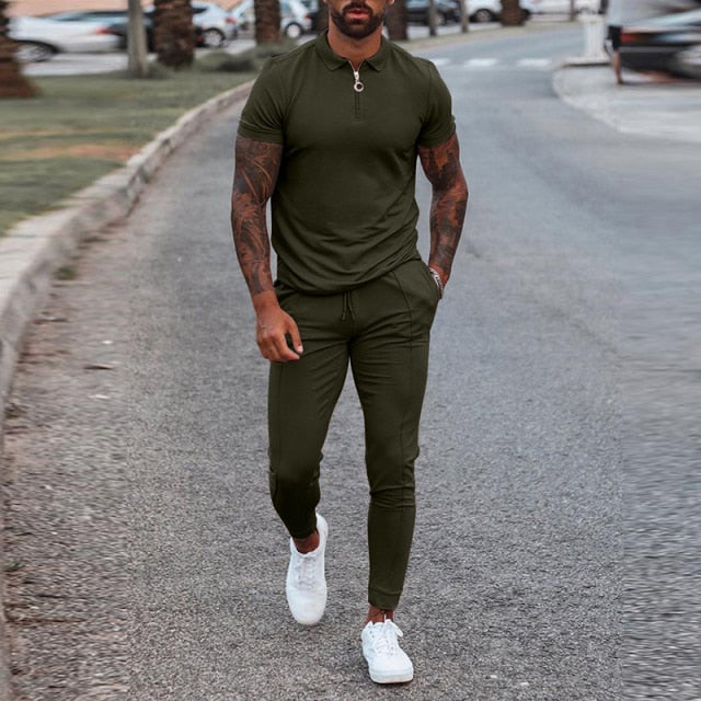 Fashion Solid Mens Clothes 2021 Summer 2 Piece Set Men Turn-down Collar Zipper Tops And Drawstring Pants Outfit Casual Suits 3XL