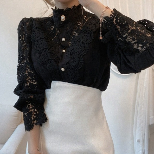 Petal Sleeve Stand Collar Hollow Out Flower Lace Patchwork Shirt Femme Blusas All-match Women Blouse Chic Button White Top 12419