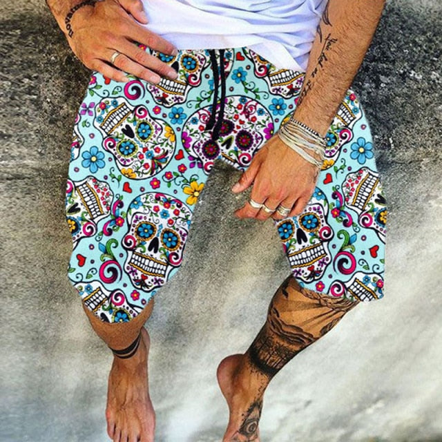 Vintage Skull Print Men Cotton Linen Shorts Casual Loose Drawstring Beach Short Pant For Male 2021 Summer Fashion Streetwear 4XL