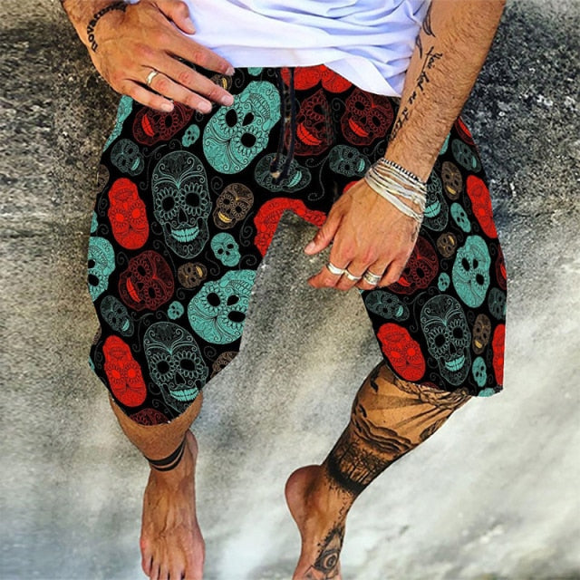 Vintage Skull Print Men Cotton Linen Shorts Casual Loose Drawstring Beach Short Pant For Male 2021 Summer Fashion Streetwear 4XL