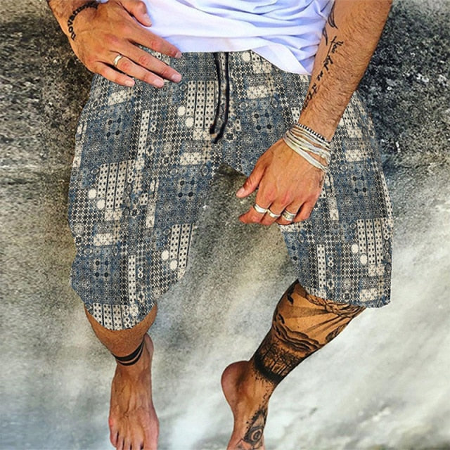 Vintage Skull Print Men Cotton Linen Shorts Casual Loose Drawstring Beach Short Pant For Male 2021 Summer Fashion Streetwear 4XL