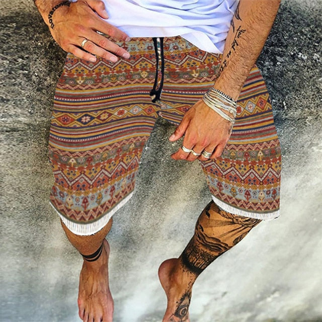 Vintage Skull Print Men Cotton Linen Shorts Casual Loose Drawstring Beach Short Pant For Male 2021 Summer Fashion Streetwear 4XL