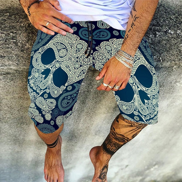 Vintage Skull Print Men Cotton Linen Shorts Casual Loose Drawstring Beach Short Pant For Male 2021 Summer Fashion Streetwear 4XL