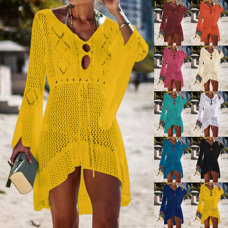 2021 Beach Cover Up Crochet Knitted Tassel Tie Beachwear Tunic Long Pareos Summer Swimsuit Cover Up Sexy See-through Beach Dress