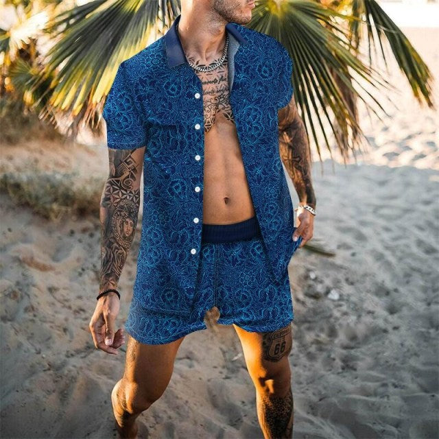 Men Hawaiian Printing 2021Summer Short Sleeve Button Shirt Beach Shorts Streetwear  Mens  Casual Beach Wear Clothes