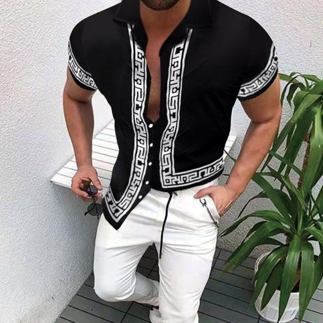 Nation Style Summer Man Shirt 2020 Mens Ethnic Printed Stand Collar Stripe Short Sleeve Loose Hawaiian Henley Casual Shirt 298
