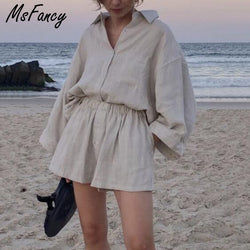 Msfancy Summer Two Piece Set Women 2021 Cotton Shorts Sets Vintage Boho Oversized Shirt High Waist Loose Shorts Mujer Sets